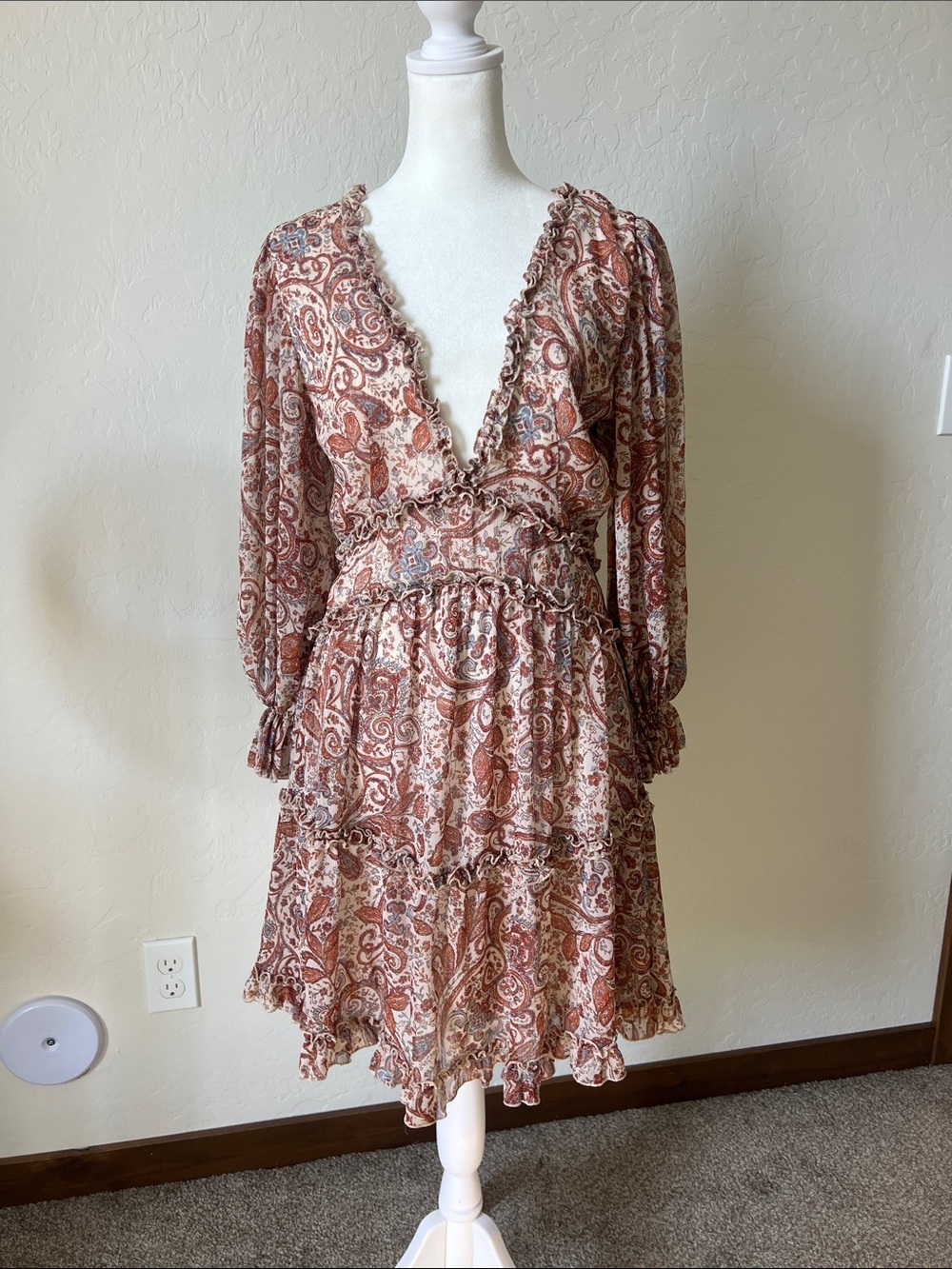 Venus Boho Chic Brown Creas Paisley Ruffle Tiered Open Back Mini Dress Sz 10 - Picture 4 of 9